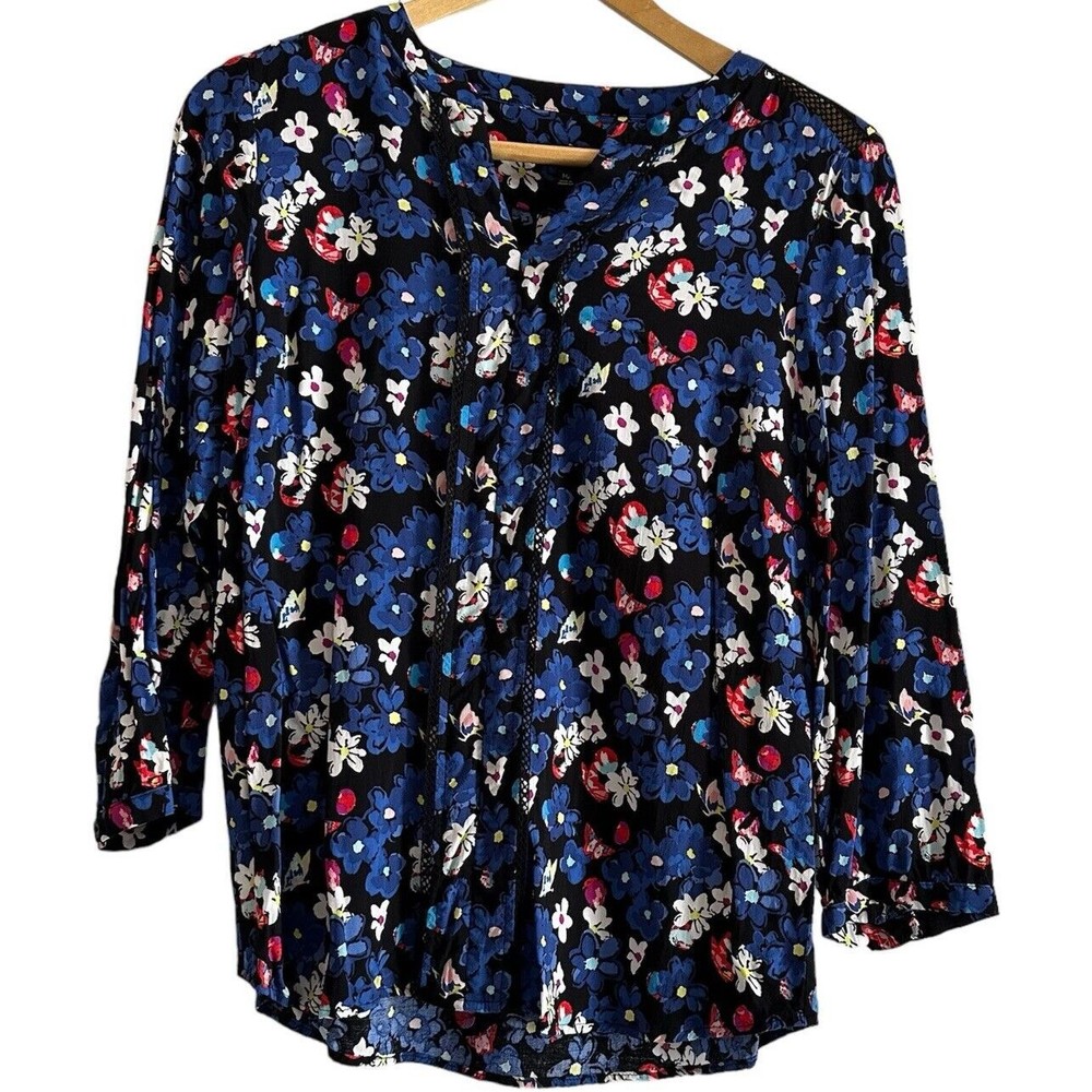 Talbots Women's Size PM Multicolor Split Neck Floral 3/4 Sleeve Top Blouse